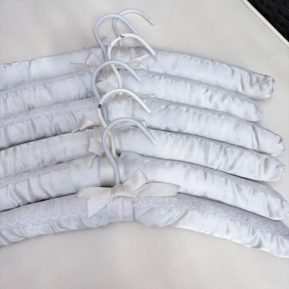 Vintage Padded Satin Hangers Set of 6 Silver Grey Lace Bow Bridal Lingerie